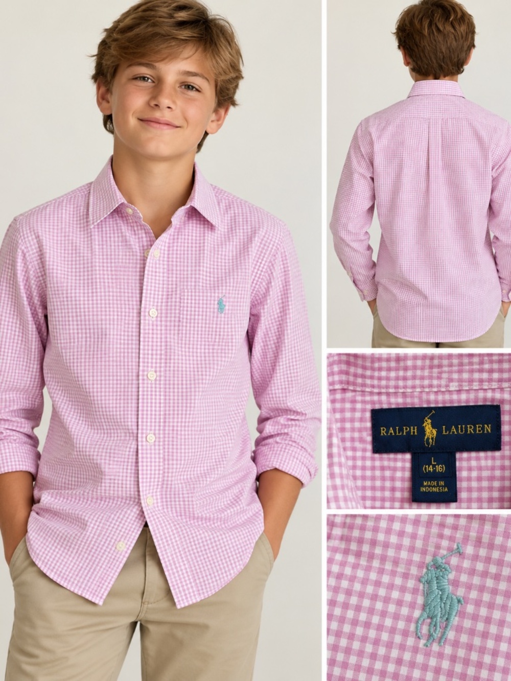 Polo Ralph Lauren Boys L 14-16 Pink Gingham Button Down Shirt Cotton Preppy RL